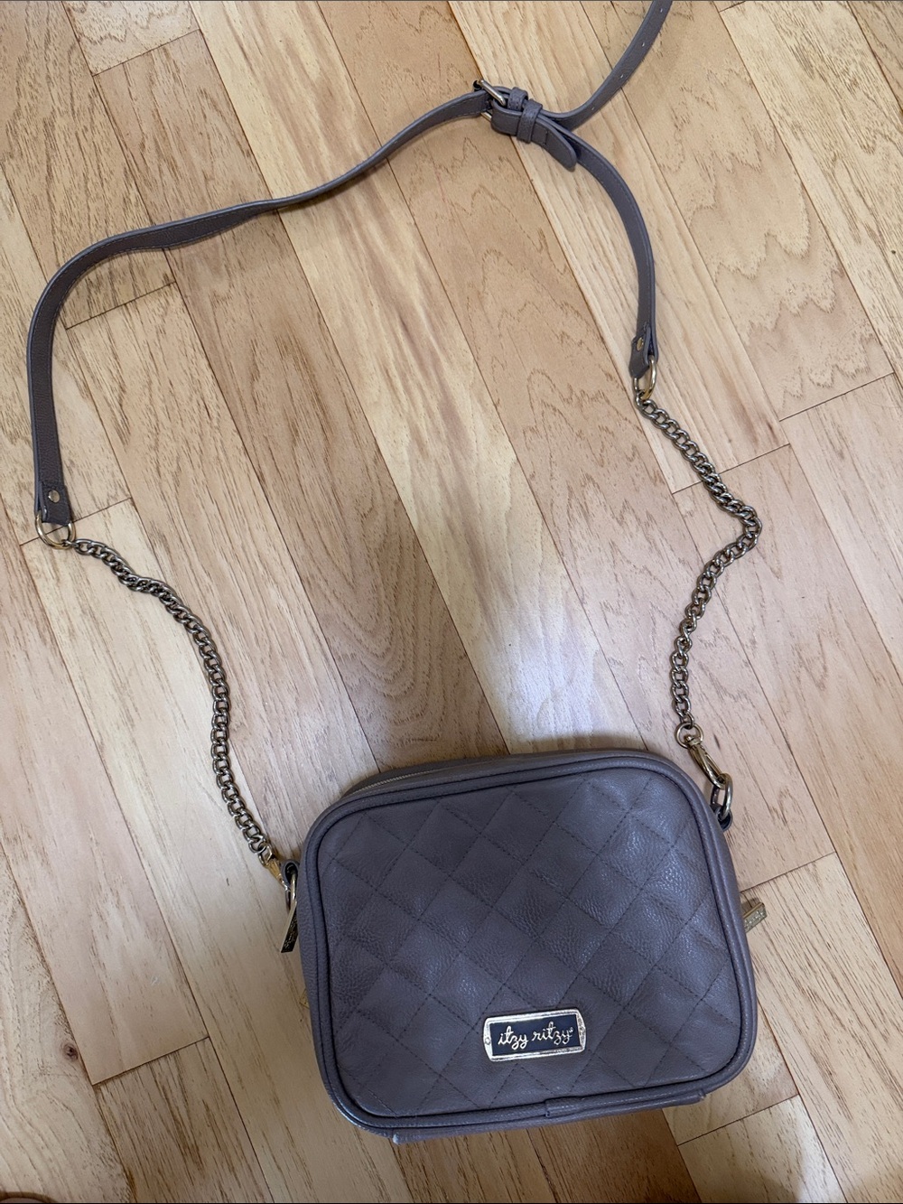 Itzy Ritzy Quilted Crossbody Bag in Taupe Gray with Gold Chain